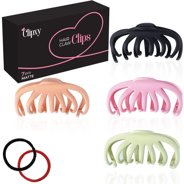 CLIPXY Premium Claw Clips – Set of 6 Pcs Hair Claw Clip with Hair Bands – Sturdy and Durable Hair Clips Women – 4.3 Inch Matte Coated Large Hair Clips Bundle for Thick Hair Women for Everyday Wear