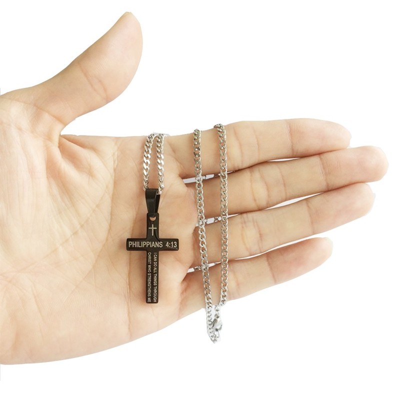 Amison Bible Verse Philippians 4:13 Cross Pendant Necklace Stainless Steel