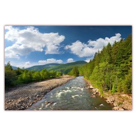 XXL Poster 100 x 70 cm (F-214) Mountain Landscape with Streaming River Banks Lined with Trees and Blue Sky with Bright White Clouds