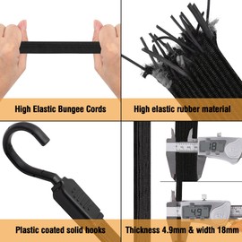 Bungee Cords with Hooks Heavy Duty, 4 Pack Long Flat Bungee Cords 24 Inch, Rubber Black Bungee Straps with Metal Buckle Hooks for Outdoor, Camping, Tarps, Bike Rack, Tent, Car, Truck