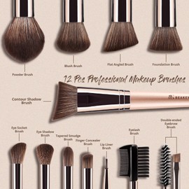 BEAKEY Professional Makeup Brush Set: Streak-Free Application for Liquid Foundation, Eyeshadow, Blush, Powder, 12-Piece Make up Brushes Pack with Travel Paper Case, Gold Cute Makeup Tools