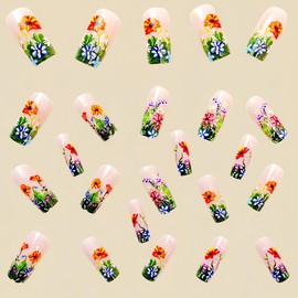 24Pcs Square Press on Nails Medium Spring Flower Pattern Fake Nail Almond Flowers Reusable Adhesive False Nails Artificial Press-on Nails Set Glossy Acrylic Art Nail Tips Stick on For Women