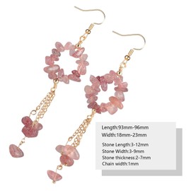 mookaitedecor Natural Strawberry Quartz Crystal Long Dangle Drop Earrings for Women, Pink Healing Crystal Semi Precious Stone Dangly Hook Earrings with Chip Bead Tassel Dangling Boho Jewellery Gift