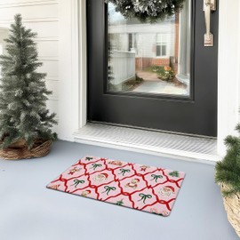 JINYO Pink Christmas Santa Door Mat, Red and Green Ribbon Christmas Tree Santa Reindeer Doormat Indoor Outdoor Outside Entrance Entryway, Xmas Holiday Welcome Mat for Front Door Porch, 17x30 Inch