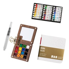 DOOCECIY Pocket Artist Watercolour Travel Set, Portable Wooden Mini Art Paint Palette with Sketchbook Watercolor Pen (15Grid)