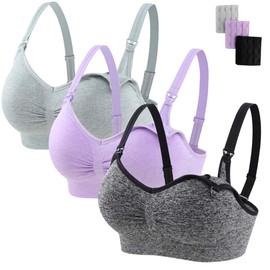 Athaelay Womens Nursing Bra Seamless Sleep Breastfeeding Maternity Bra with Remove Bra Pads Extenders 3 Pack Black Purple Grey L