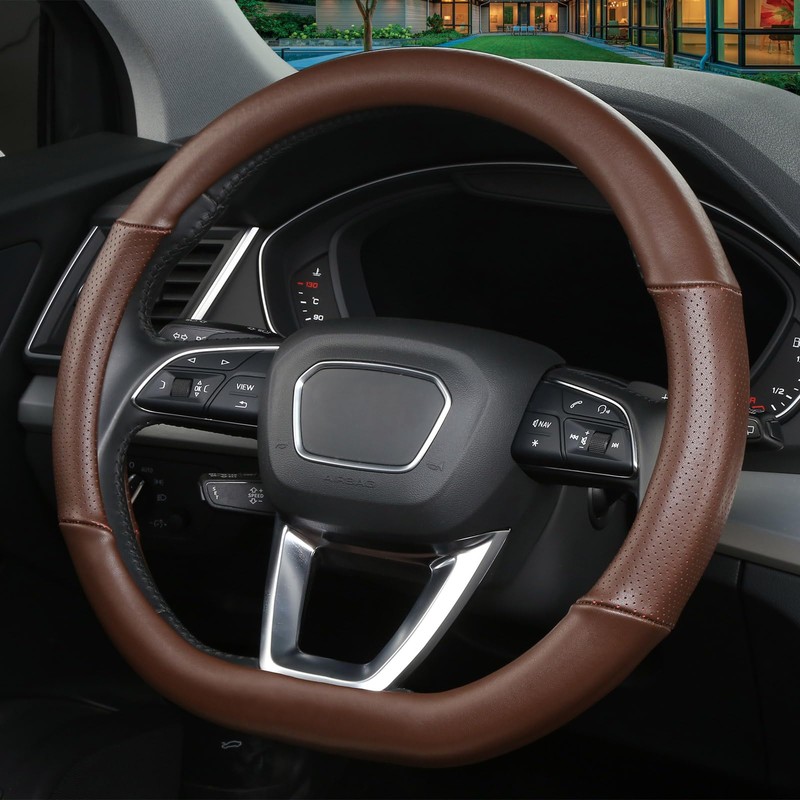 Cxtiy D Shaped Steering Wheel Cover, Genuine Leather Flat Bottom