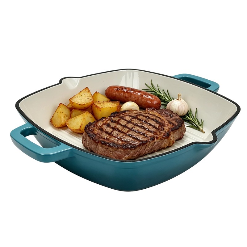 YYJINGYOU Enameled Cast Iron Square Grill Pan, Nonstick Skillet Steak