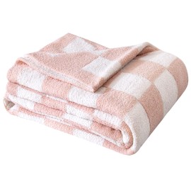 SeaRoomy Checkered Throw Blanket, Ultra Soft Microfiber Knit Pink Throw Blanket, Cozy Fluffy Reversible Checkerboard Fuzzy Blanket for Couch Sofa Bed Decor Gift Idea(Light Pink, 51"×63")