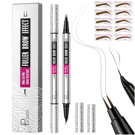 2 Pack Curved Eyebrow Pencil, 2 in 1 Dual Ended Eyebrow Pen and Eyeliner, Microblading Eyebrow Pencil with 10 Brow Stencils, Waterproof Eye Brow Pencils for Women Natural Hair Like Brows (Deep Brown)