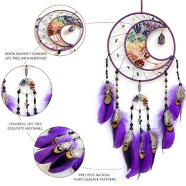 7 Chakras Dream Catchers Moon Tree of Life Dream Catcher Violet Feather Dreamcatcher Wall Decor with Rainbow Healing Crystal Stone Wall Art Hanging for Bedroom Home Decor Bless Gift Wedding Party