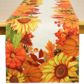 183 x 33 cm Autumn Table Runner Pumpkins Sunflowers Maple Leaf Autumn Runner Linen Look Tablecloth Decoration Table Runner for Thanksgiving Autumn Decoration Thanksgiving (Pumpkins Sunflowers)