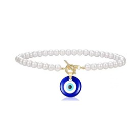 Evil Eye Necklace,Simulated Pearl Choker Necklace Blue Turkish Glass Evil Eye Pendant Necklace for Women Lucky Protection Jewelry (A)