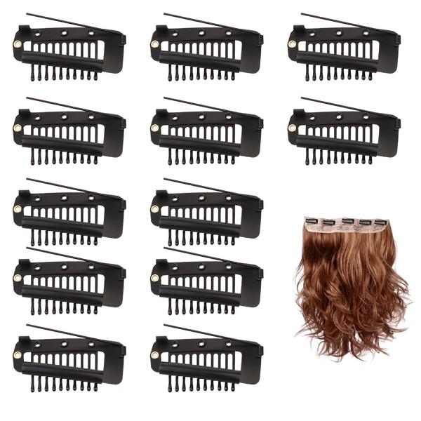 Giantree 12Pcs 36mm 10-teeth Wig Clip, Metal Hair Extension Clips Snap Wig Clips Seamless Invisible Strong Wig Combs for Girls Women Wigs Hairpiece Headscarf Hair Extensions Accessories(Black)