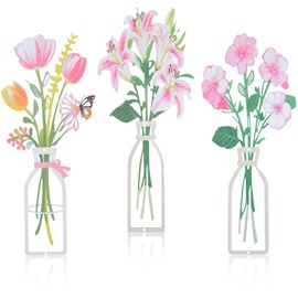 HOMMDECO Pink Metal Floral Wall Decoration 3 PCS Wall Art 3D Cutout Design Waterproof Wrought Iron for Bathroom Living Room Bedroom Studio Kitchen Country Farmhouse Home Decorations