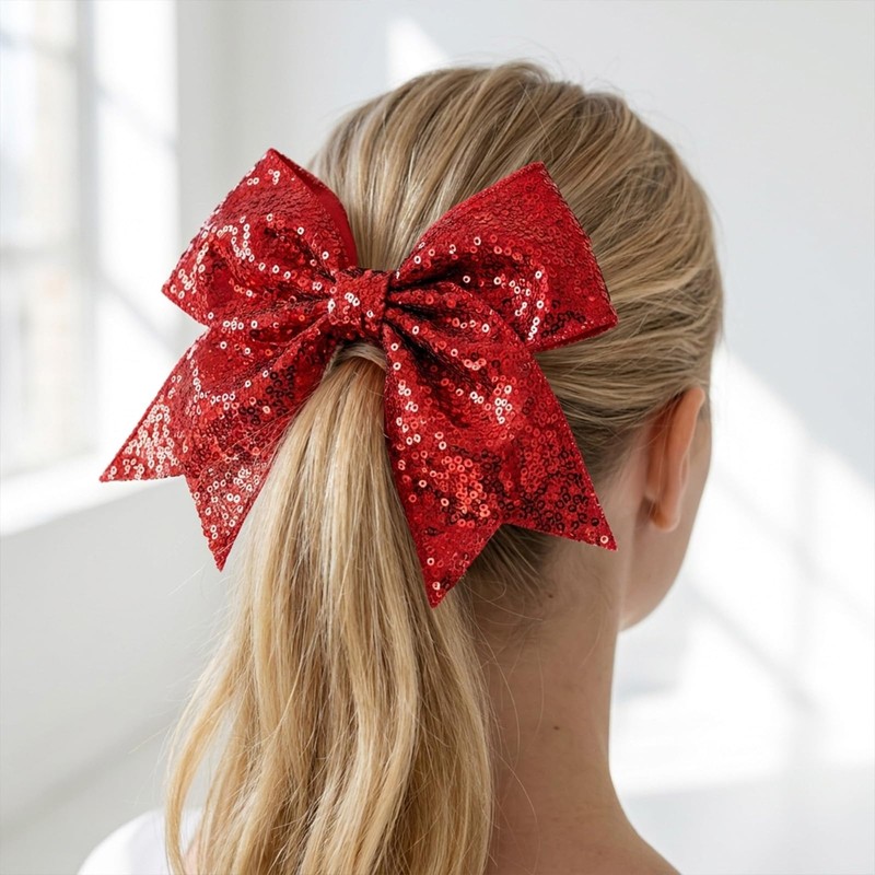 2PCS Red Cheer Bow, Large Shimmering Glitter Hair Bow Clips,