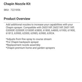 Chapin Replacement Nozzle Kit Fit Model 62000, 63985, 63980, 63924 Sprayers