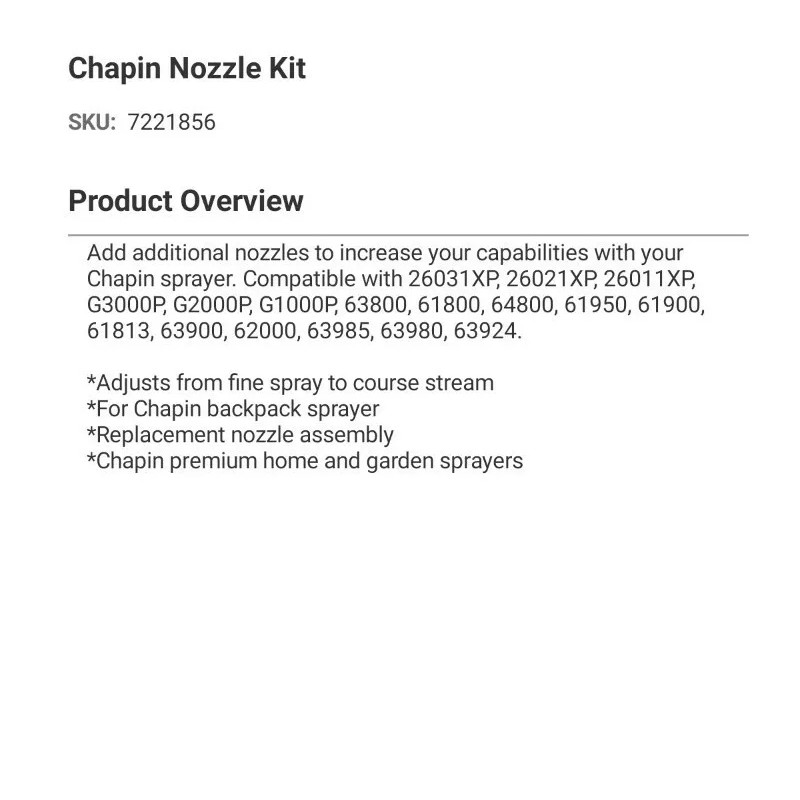 Chapin Replacement Nozzle Kit Fit Model 62000, 63985, 63980, 63924