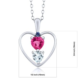 925 SilverPink Created Sapphire Sky Blue Aquamarine and Blue Created Sapphire Pendant Necklace For Women (0.86 Cttw, Gemstone September Birthstone, Heart 5MM and 4MM, with 18 Inch Silver Chain)