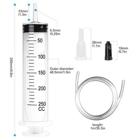 Large Syringe 250 ml, Plastic Syringe Reusable Liquid Syringe with Hose and Plug and Excavator Hose for Laboratory, Industry, Garden and Pet Feeding
