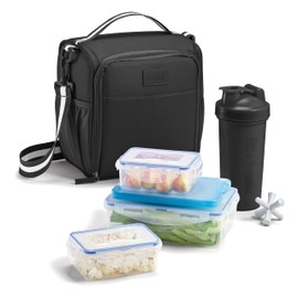 Fit & Fresh BREE FitPak Meal Prep Lunch Box With Containers, Ice Pack, and Shaker Bottle For Men and Women, 6pc. Meal Prep Kit Lunch Bag With Containers Included, Black