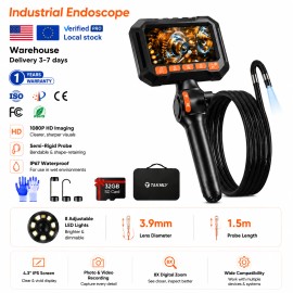 New 3.9mm Bi-Directional Endoscope with 1.5m Flexible Cable, 8 LED Lights, 1080P HD Screen, Probe Diameter: 3.9 mm, probe length: 1.5m, Resolution: 1080P