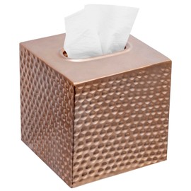 MyGift Vintage Hammered Tissue Box Cover with Copper Tone Metal Finish, Cube Bathroom Facial Tissue Holder, Decorative Pebbled Texture Square Tissue Holder with Open Bottom - Handcrafted in India