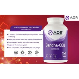 AOR Gandha-600 Ashwagandha Supplement, 240 Caps 240-Day Supply - Organic Ashwagandha 600mg for Men & Women - Supports Focus, Relaxation, Restfulness & Cognitive Support - Vegan, Non-GMO & Gluten-Free