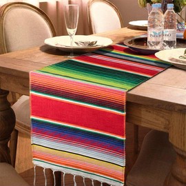 SevenFish Mexican Serape Table Runner for Mexican Party Wedding Decorations Dining Table, 14 x 84 Inch Fringe Cotton Table Runner Watermelon Red