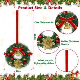6 Pcs Mini Christmas Wreath with Bell, Berry, Flowers and Ball,10 inch Small Christmas Door Wreath for Kitchen Window Chair Wall Decor(Bell)