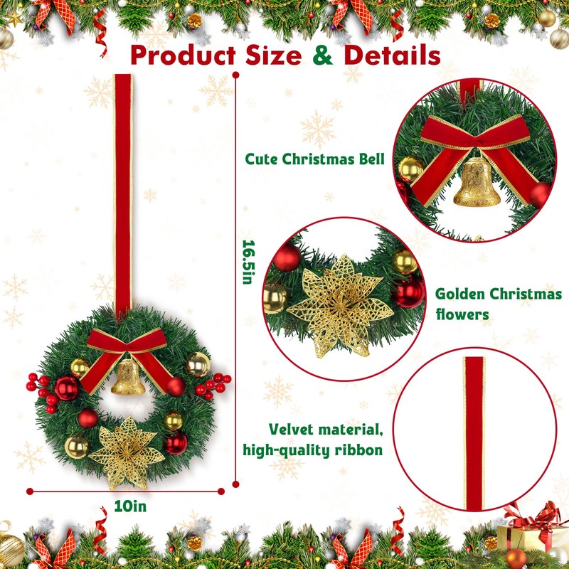 6 Pcs Mini Christmas Wreath with Bell, Berry, Flowers and