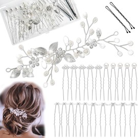 UZSUZZ Wedding Hair Accessories, Pack of 21 Bridal Hair Accessories, Crystal Flower, Hair Clip, Wedding Pearl, Hair Accessories, Wedding Silver for Brides, Bridesmaids, Women