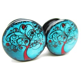 Pierced Republic Blue & Red Tree of Life Ear Plugs - Acrylic - Screw on - New *Pair* - 8 Sizes (00 Gauge (10mm))