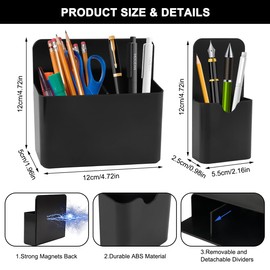 WHC Pack of 3 Magnetic Pen Holder, Black, 2 Sizes, Magnetic Storage Box, Magnetic Marker Holder with Divider, Organiser Magnetic for School, Office, Fridge, Whiteboard, Locker