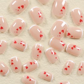 Valentines Heart Fake Nails Short French Tip Press on Nails Petite Oval Acrylic False Nails White Tip Designs Full Cover Nails Love Heart Stick on Nails for Women Valentines Glue Press on Nails 24Pcs