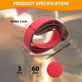2x72 Ceramic Grinding Belts 60 Grit, 2 x 72 Inch Sanding Belts for Metal Working, Sander Sharpening Belt for Knife Making, 3 Pack