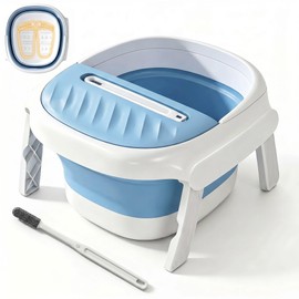 Collapsible Foot Bath Tub with Long Handle Foot Brush, Foldable Foot Soaking Tub with Insulated Lid & Sturdy Support Frame, Pedicure Foot Spa Basin for Men Women Home Travel (Blue)