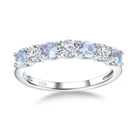 AGRULE Blue Eternity Bands 14K White Gold Plated Sterling Silver Stackable Wedding Ring Cubic Zirconia Inlaid 7 Stone Half Eternity Band Ring Aquamarine Rings for Women, Size 6