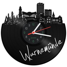 GRAVURZEILE Vinyl Record Clock - Skyline Warnemünde - Wall Clock Made of Cast Vinyl with City Skyline - 30 cm - Upcycling Designer Clock - Modern Wall Clock in Retro Vintage Style - Made in Germany