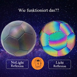 KALDJKS Leuchtender Fußball Reflektierender Soccer Ball Offizielle Größe 5 Holografisch Leuchtend im Dunkeln Fußball für Drinnen und Draußen - Ideal für Klein & Groß Fußballtraining Nachtspiele