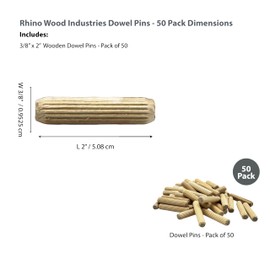 Rhino Wood Industries - 3/8" x 2" - 50 Pack Wooden Dowel Pins - Kiln Dried, Fluted, and Beveled (3/8" x 2", 50pk)