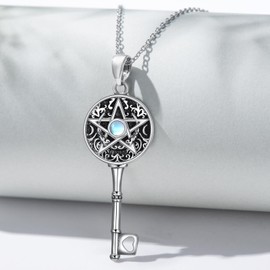 Key Amulet Necklace 925 Sterling Silver Allah Hecate Triple Moon Goddess Tetragrammaton Pendant Necklace Key Wicca Pagan Pentagram Jewellery Gifts for Women, One size, Sterling Silver, No Gemstone