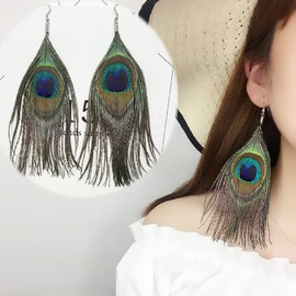 Peacock Earrings for Women, Peacock Feathers Earrings for Girls, Earrings with Long Bohemian Feathers, Hypoallergenic Earrings with Tassels, Boho, No, No, No, No