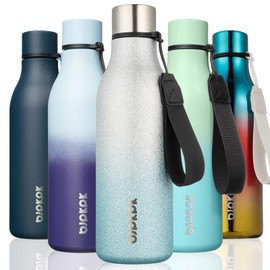 BJPKPK Insulated Water Bottles, 18 oz Stainless Steel Metal Water Bottle with Strap, BPA Free Leak Proof Thermos,Mugs,Flasks, Reusable Water Bottle for Sports & Travel, Sparkling Silver Blue