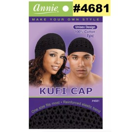 ANNIE #4681 UNISEX KUFI CAP ONE SIZE FITS MOST 100% COTTON BLACK 8 1/4" X 6"