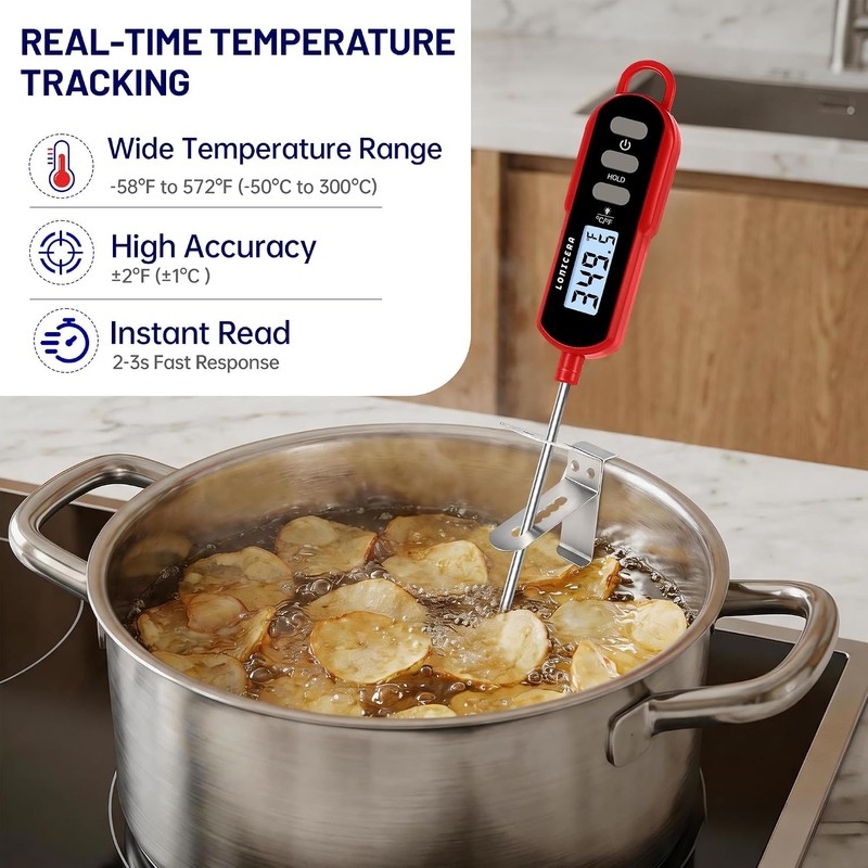 LONICERA Digital Candy Thermometer with Pot Clip, 11-Inch Probe, Red