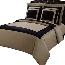 sheetsnthings 7-PC Taupe & Black Twin Ektra Long Size Hotel Down Alternative Bed in a Bag Comforter Set Including a Duvet Set+ Sheet Set+ Down Alternative Comforter