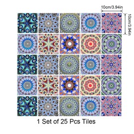 25 PCS Mandala Style Tile Sticker, 4x4 Inch(10x10cm) Traditional DIY Murals, Tile Waterproof Oil Proof Removable Decals for Bathroom & Kitchen Backsplash Oil Proof Wall Stickers (MZ-2-100)