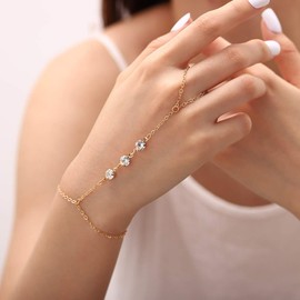 Bomine Crystal Finger Bracelets Ring Hand Chain Beach Slave Bracelet Jewelry for Women, 1 Count (Pack of 1), 合金