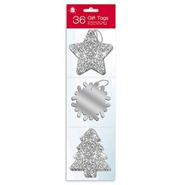 36 Silver Glitter and Luxury Foil Xmas Gift Tags With Thread